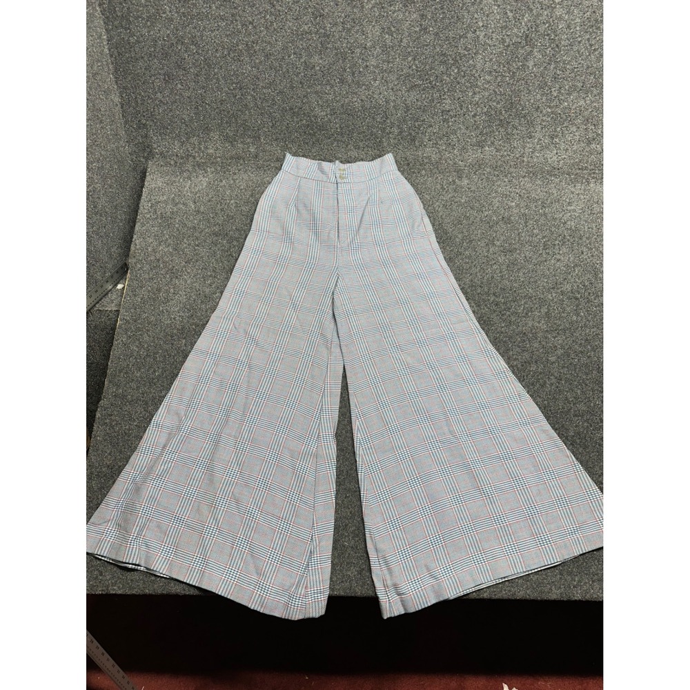 True Vintage Plaid Pants 24 Blue Wide Leg Bell Bottom Flare 70s 60s Groovy Retro